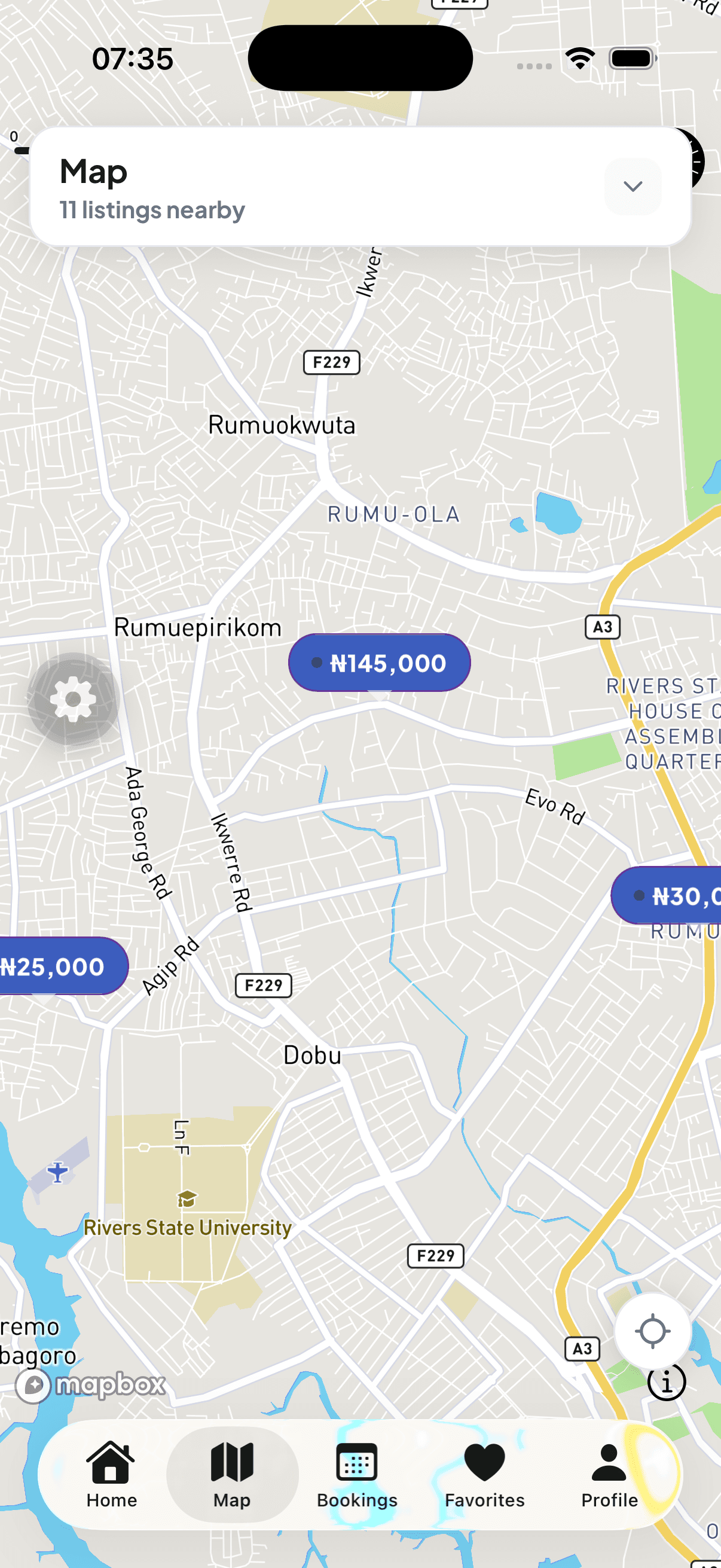 Roomly app map view of Port Harcourt showing nearby listings as price pins