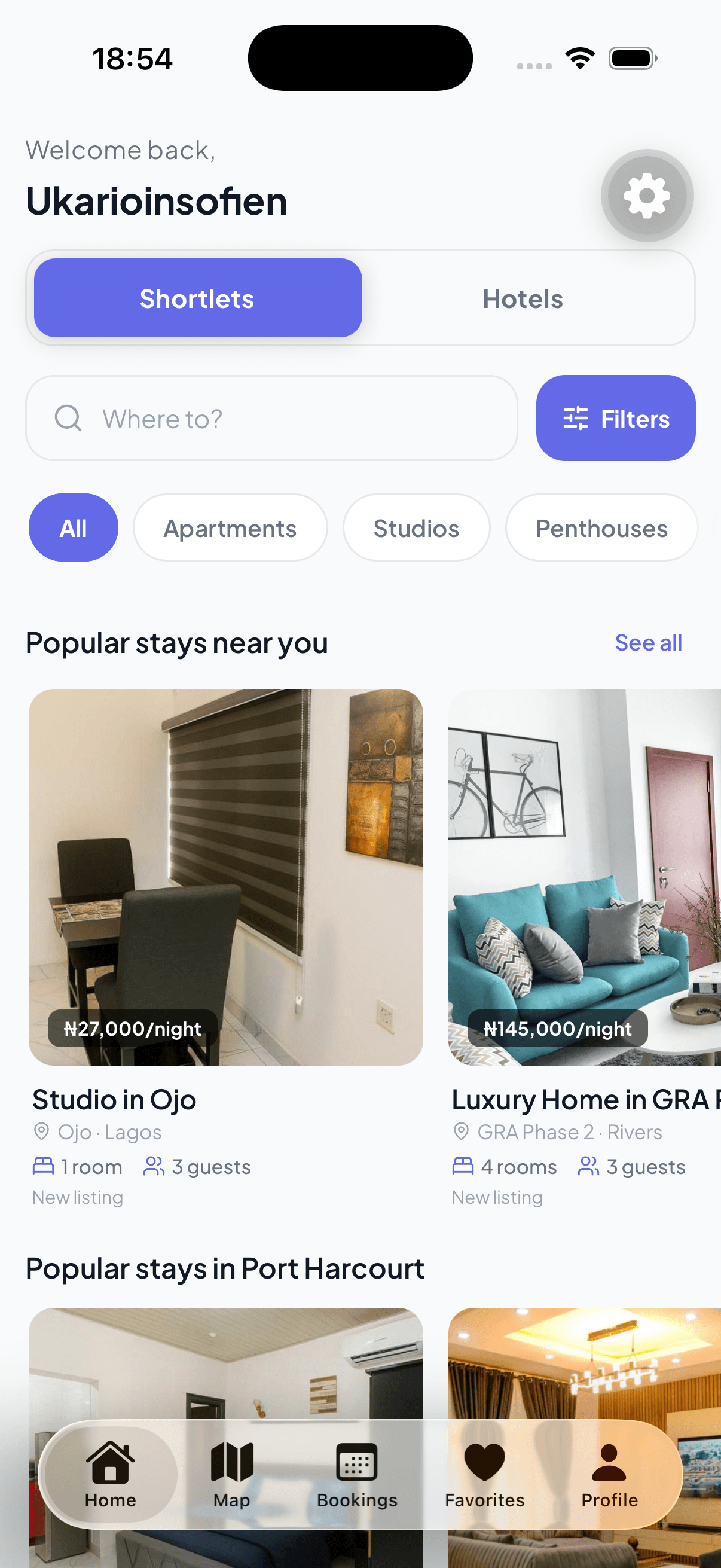 Roomly app home screen showing shortlets and hotels to browse
