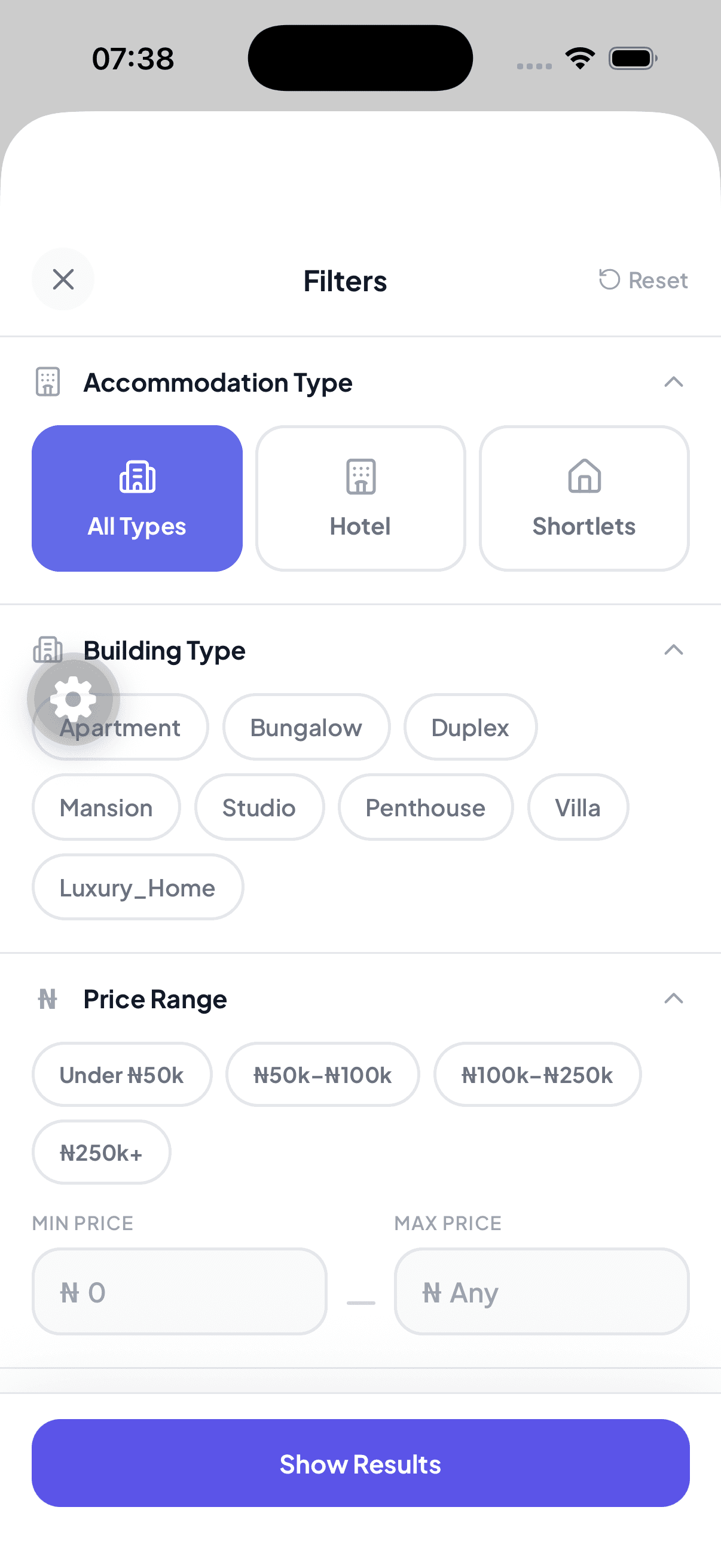 Roomly app filters: accommodation type (hotel or shortlet), building type such as apartment, duplex or studio, and price range